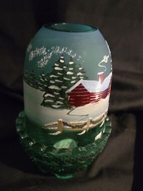 Hand-Painted Teal Glass Holiday Votive with Red Cabin Design